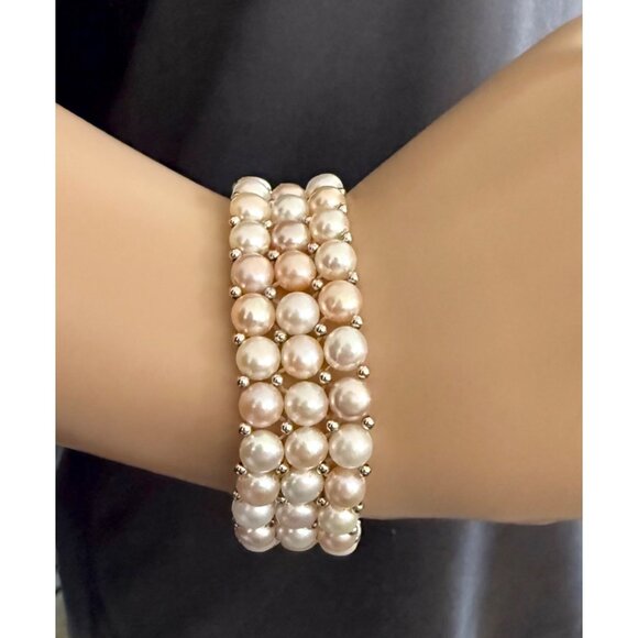 Expandable Cultured Pearl Bracelet 6 inches Multi Tonal Pearls Silver Tone Beads - Picture 1 of 7